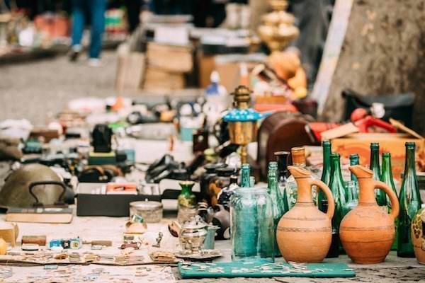 Tbilisi, Georgia. Shop Flea Market Of Antiques Old Retro Vintage Things On Dry Bridge In Tbilisi.